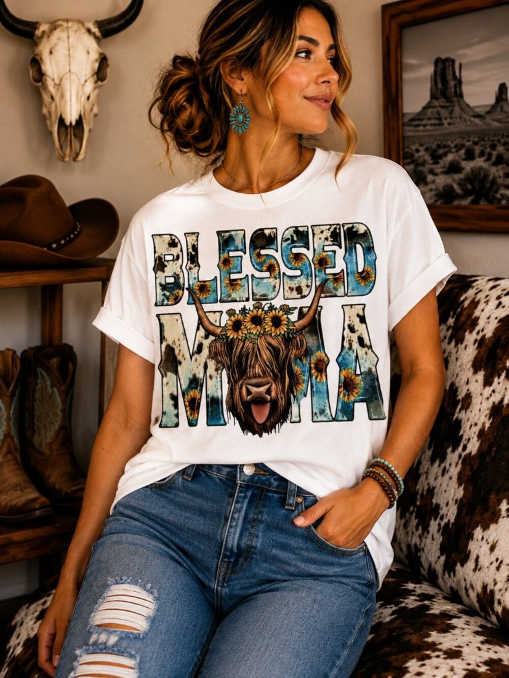 Blessed Mama Western Graphic T Shirt Trendy Boutique Style Tee Womens Gift White